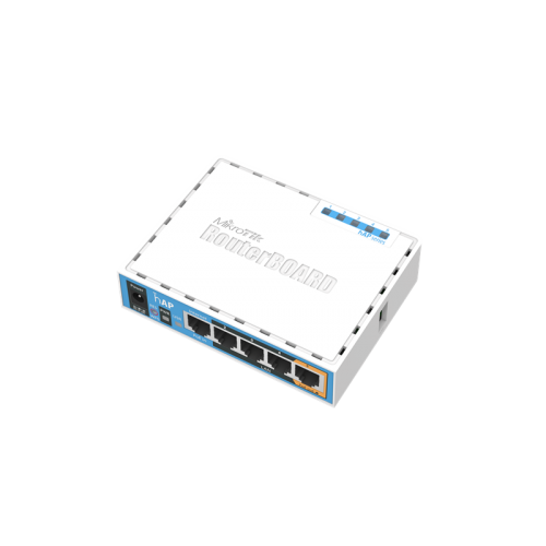 Точка доступа wi-fi MikroTik hAP with 650MHz CPU, 64MB RAM, 5xLAN, built-in 2.4Ghz 802.11b/g/n 2x2 two chain wireless with integrated antennas, USB, RouterOS L4, desktop case, PSU