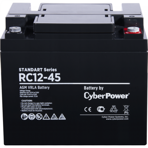 Battery CyberPower Standart series RС 12-45, voltage 12V, capacity (discharge 20 h) 47.2Ah, max. discharge current (5 sec) 540A, max. charge current 13.5A, lead-acid type AGM, terminals under bolt M6, LxWxH 197x165x170mm., full height with terminals 170mm