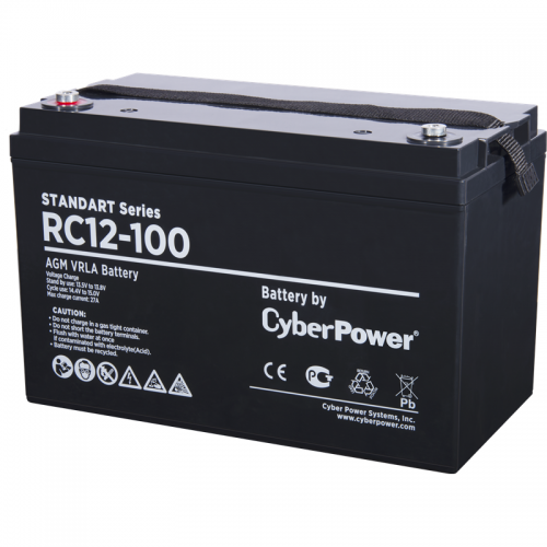Battery CyberPower Standart series RС 12-100, voltage 12V, capacity (discharge 10 h) 95.3Ah, max. discharge current (5 sec) 950A, max. charge current 27A, lead-acid type AGM, terminals under bolt M8, LxWxH 330x173x215mm., full height with terminals 220mm.