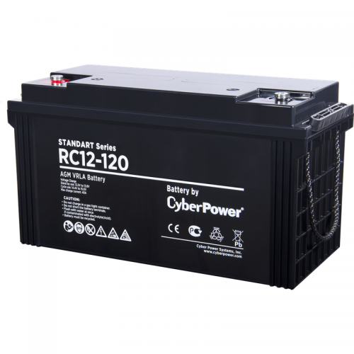 Battery CyberPower Standart series RС 12-120, voltage 12V, capacity (discharge 10 h) 121Ah, max. discharge current (5 sec) 1300A, max. charge current 40A, lead-acid type AGM, terminals under bolt M8, LxWxH 410x176x224mm., full height with terminals 226mm.