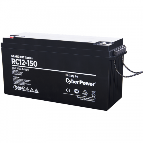 Battery CyberPower Standart series RС 12-150, voltage 12V, capacity (discharge 10 h) 156Ah, max. discharge current (5 sec) 1000A, max. charge current 46A, lead-acid type AGM, terminals under bolt M8, LxWxH 485x170x240mm., full height with terminals 240mm.