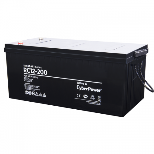 Battery CyberPower Standart series RС 12-200, voltage 12V, capacity (discharge 10 h) 202Ah, max. discharge current (5 sec) 1000A, max. charge current 60A, lead-acid type AGM, terminals under bolt M8, LxWxH 522x240x218mm., full height with terminals 234mm.
