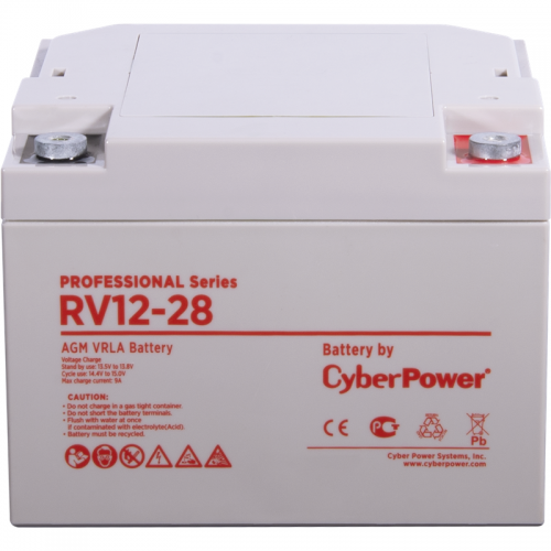 Battery CyberPower Professional series RV 12-28, voltage 12V, capacity (discharge 20 h) 29.4Ah, capacity (discharge 10 h) 31.5Ah, max. discharge current (5 sec) 390A, max. charge current 9A, lead-acid type AGM, terminals under bolt M6, LxWxH 166x175x125mm