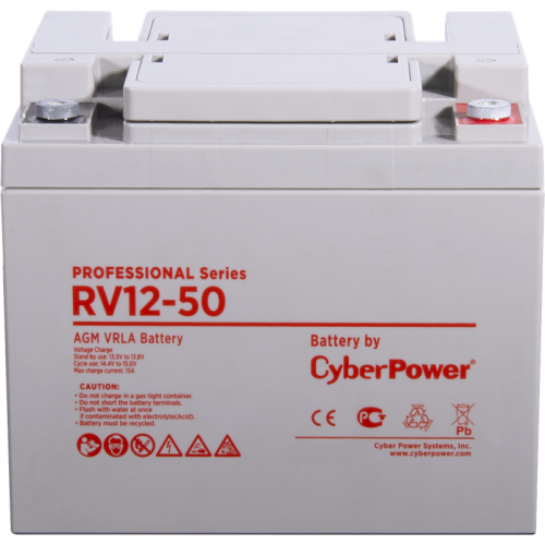 Battery CyberPower Professional series RV 12-50, voltage 12V, capacity (discharge 20 h) 50Ah, capacity (discharge 10 h) 50Ah, max. discharge current (5 sec) 500A, max. charge current 15A, lead-acid type AGM, terminals under bolt M6, LxWxH 197x165x170mm., 