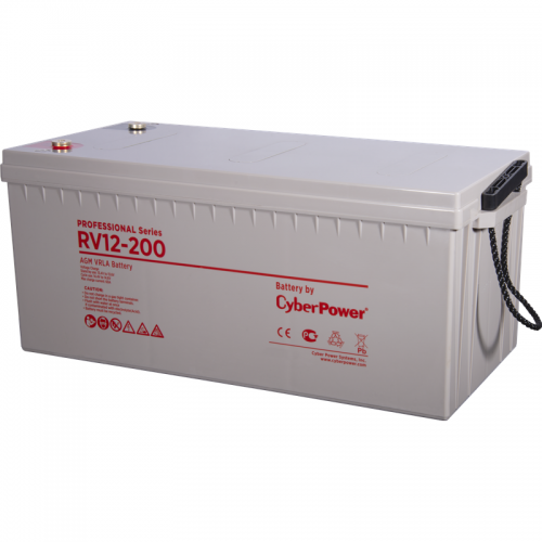 Battery CyberPower Professional series RV 12-200, voltage 12V, capacity (discharge 20 h) 222Ah, capacity (discharge 10 h) 204Ah, max. discharge current (5 sec) 1600A, max. charge current 63A, lead-acid type AGM, terminals under bolt M8, LxWxH 522x240x218m