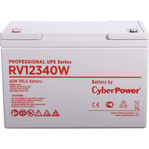 Battery CyberPower Professional UPS series RV 12340W, voltage 12V, capacity (discharge 20 h) 96.4Ah, capacity (discharge 10 h) 92.7Ah, max. discharge current (5 sec) 1180A, max. charge current 30A, lead-acid type AGM, terminals under bolt M8, LxWxH 305x16