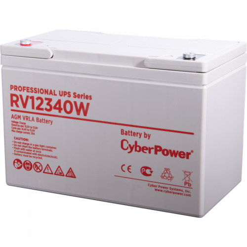 Battery CyberPower Professional UPS series RV 12340W, voltage 12V, capacity (discharge 20 h) 96.4Ah, capacity (discharge 10 h) 92.7Ah, max. discharge current (5 sec) 1180A, max. charge current 30A, lead-acid type AGM, terminals under bolt M8, LxWxH 305x16