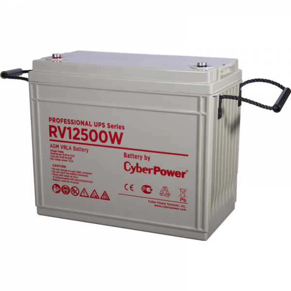 Battery CyberPower Professional UPS series RV 12500W, voltage 12V, capacity (discharge 20 h) 155Ah, capacity (discharge 10 h) 147Ah, max. discharge current (5 sec) 1340A, max. charge current 37.5A, lead-acid type AGM, terminals under bolt M8, LxWxH 340x17