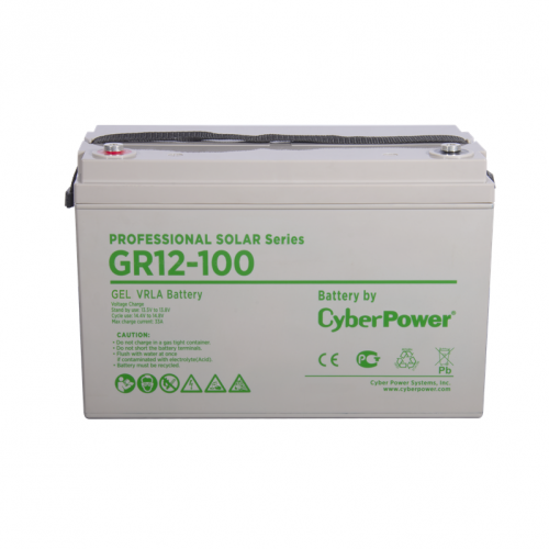 Battery CyberPower Professional Solar series GR 12-100, voltage 12V, capacity (discharge 10 h) 101Ah, max. discharge current (5 sec) 1000A, max. charge current 33A, lead-acid type GEL, terminals under bolt M8, LxWxH 330x173x217mm., full height with termin