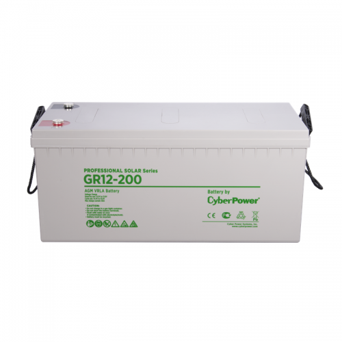 Battery CyberPower Professional Solar series GR 12-200, voltage 12V, capacity (discharge 10 h) 202Ah, max. discharge current (5 sec) 1000A, max. charge current 60A, lead-acid type GEL, terminals under bolt M8, LxWxH 522x240x218mm., full height with termin
