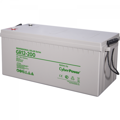 Battery CyberPower Professional Solar series GR 12-200, voltage 12V, capacity (discharge 10 h) 202Ah, max. discharge current (5 sec) 1000A, max. charge current 60A, lead-acid type GEL, terminals under bolt M8, LxWxH 522x240x218mm., full height with termin